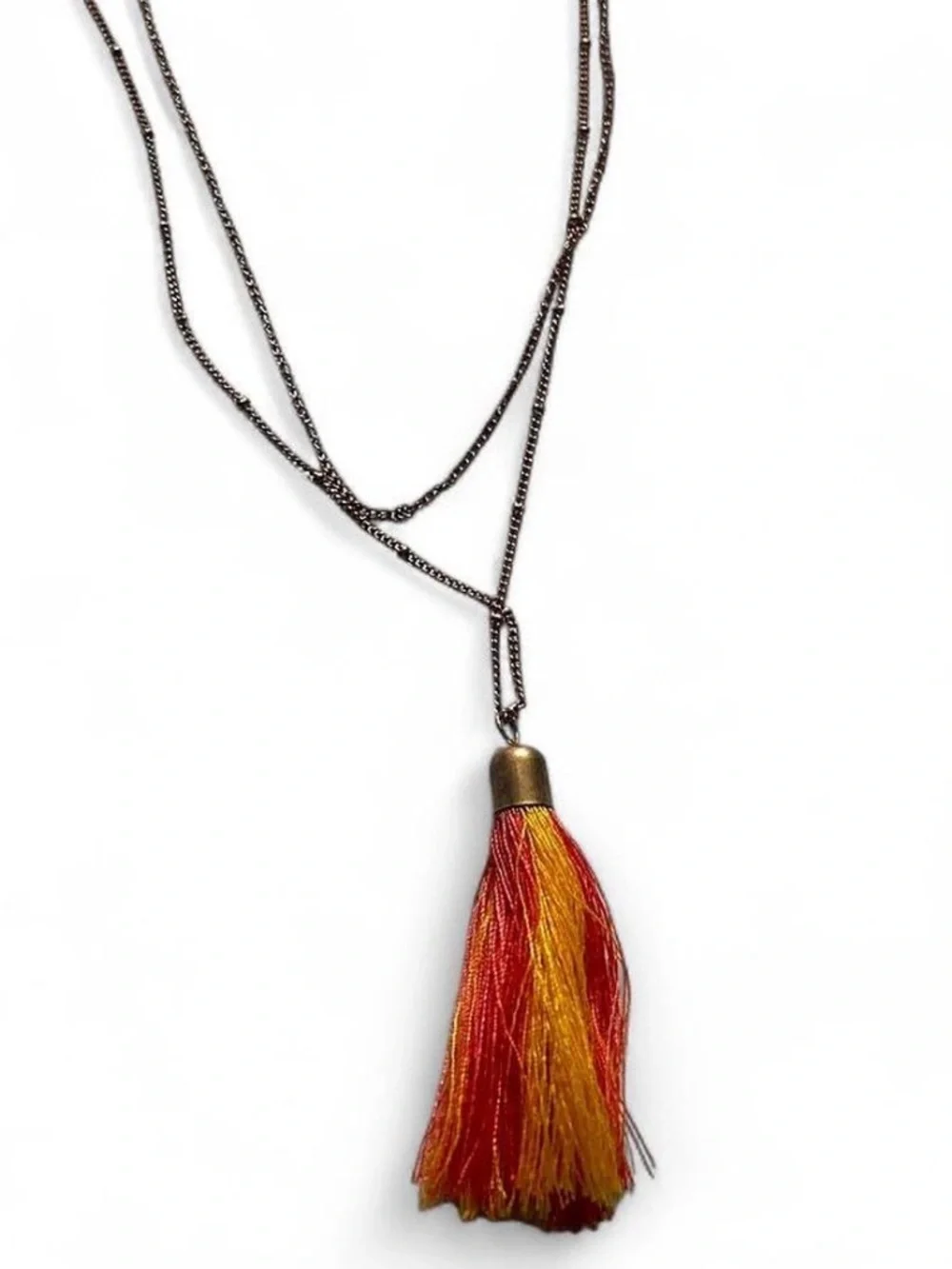 Gold-Tone Layered Necklace with Red & Yellow Tassel Pendant